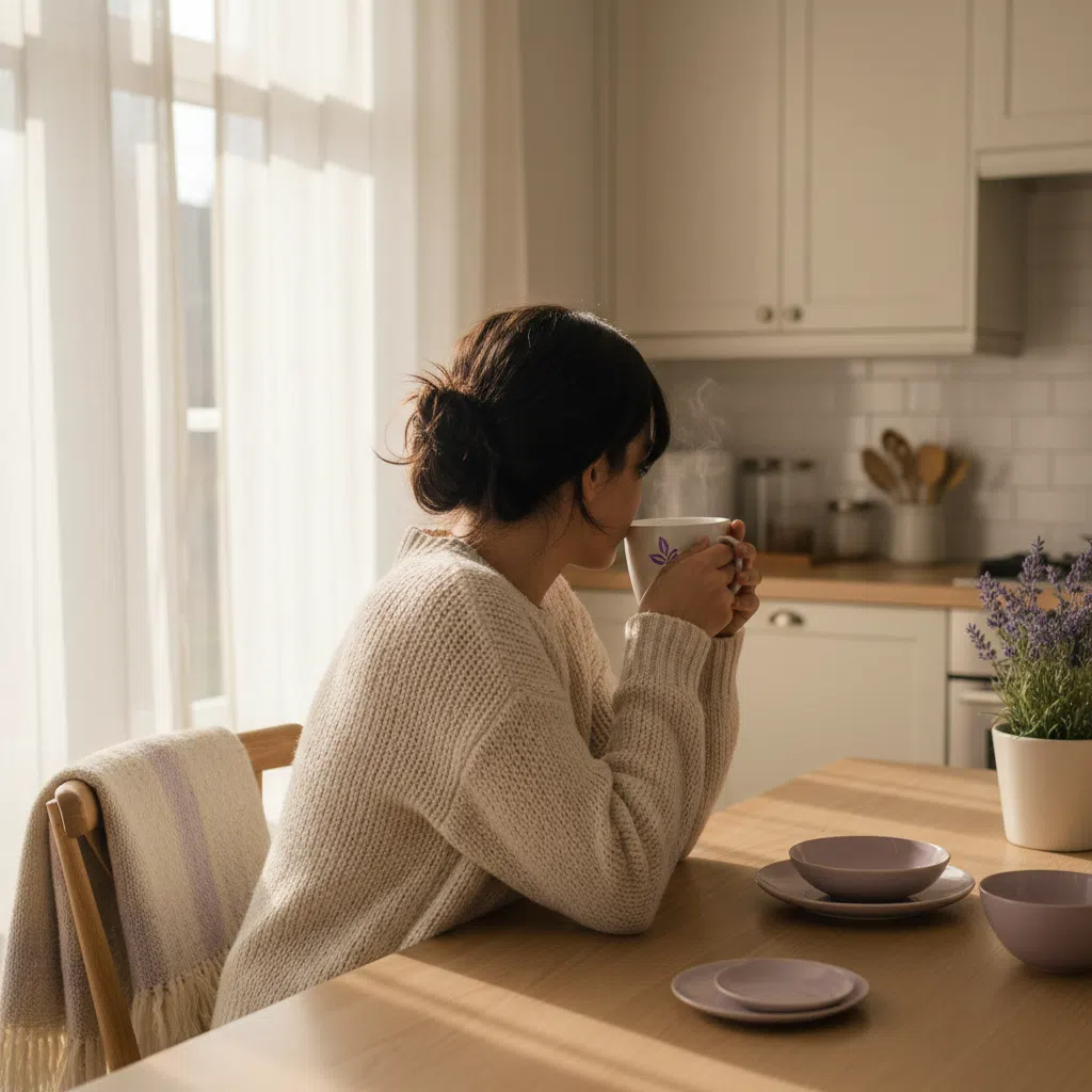 Anonyme Person von hinten mit Kaffeetasse am Morgentisch - funktionaler Morgenkaffee Wohlbefinden