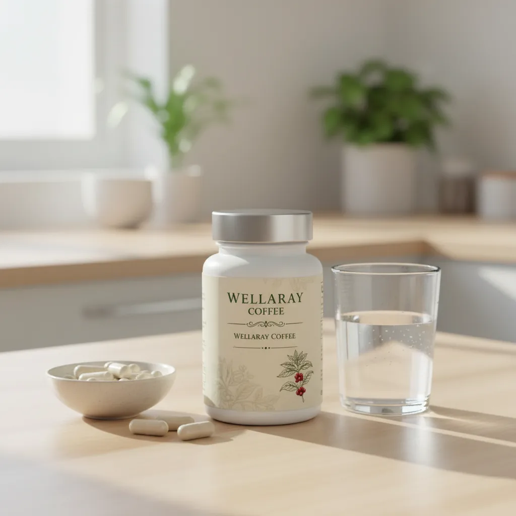 L-Carnitin Supplement Kaffee - Wellaray Coffee Packung auf Holztisch