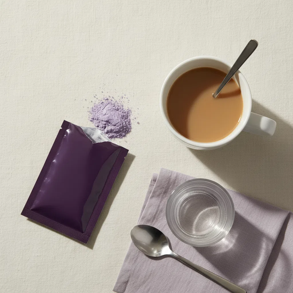Portionsbeutel Wellaray Coffee neben Tasse und Kaffeelöffel - Lebensmittelergänzung Kaffeegeschmack Portionsbeutel